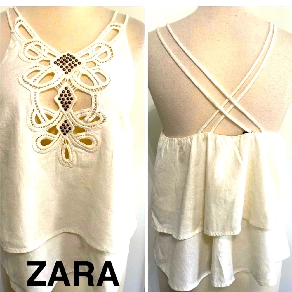 ZARA Ivory Sleeveless Layered Hem Top with Crisscross Back - Size XS - N…